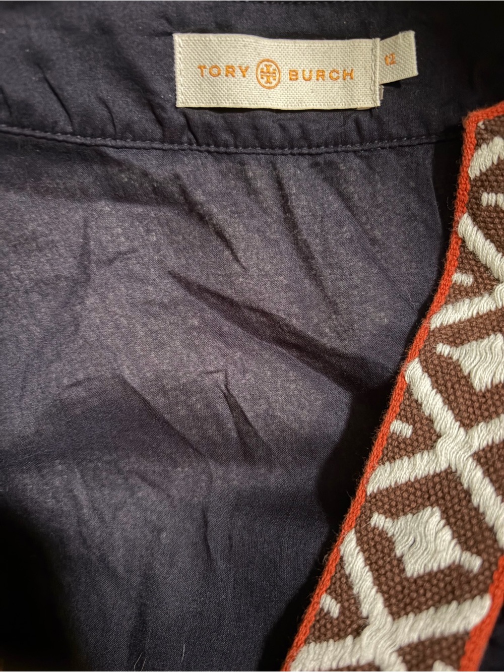Tory Burch Tunic Long Sleeve Top Size 12 Navy W/Ivory Orange - Picture 3 of 9